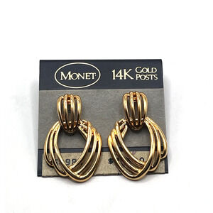 14K GP Signed Monet Gold Brass Plated Dangle Door Knocker Earrings NEW